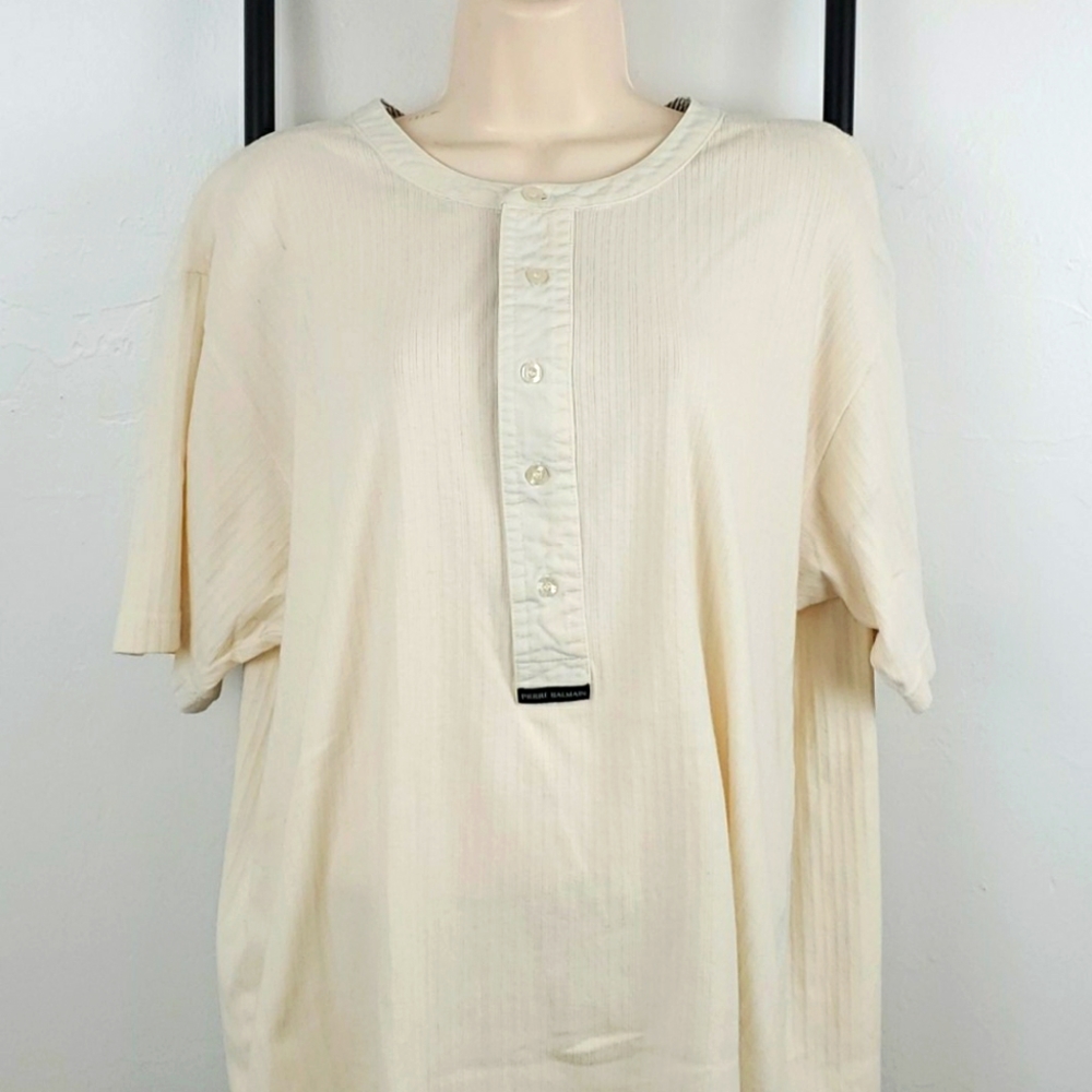 Pierre Balmain Paris Cream Top L Short Sleeve Cotton 5 Button Designer Tee